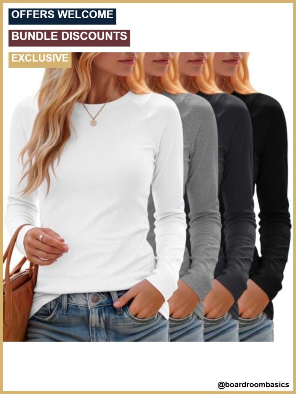 4 Pack Women's Cotton Blend Slim Fit Long Sleeve Crew Neck T-Shirts